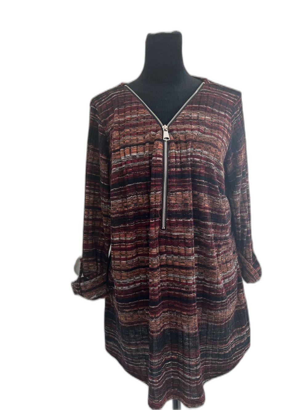 CB Established 1962 Women’s 1X Multicolor Striped Zip Front Tunic Top 3/4 Sleeve